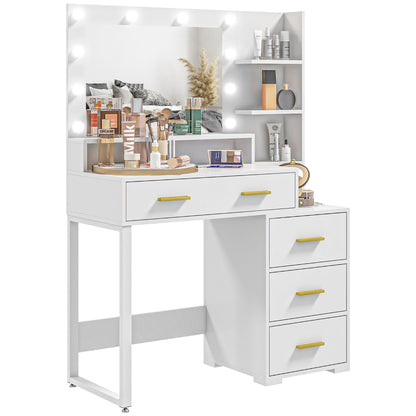 Wooden Makeup Table with 4 Drawers, 6 Open Shelves and Mirror, 100x40x138 cm, White