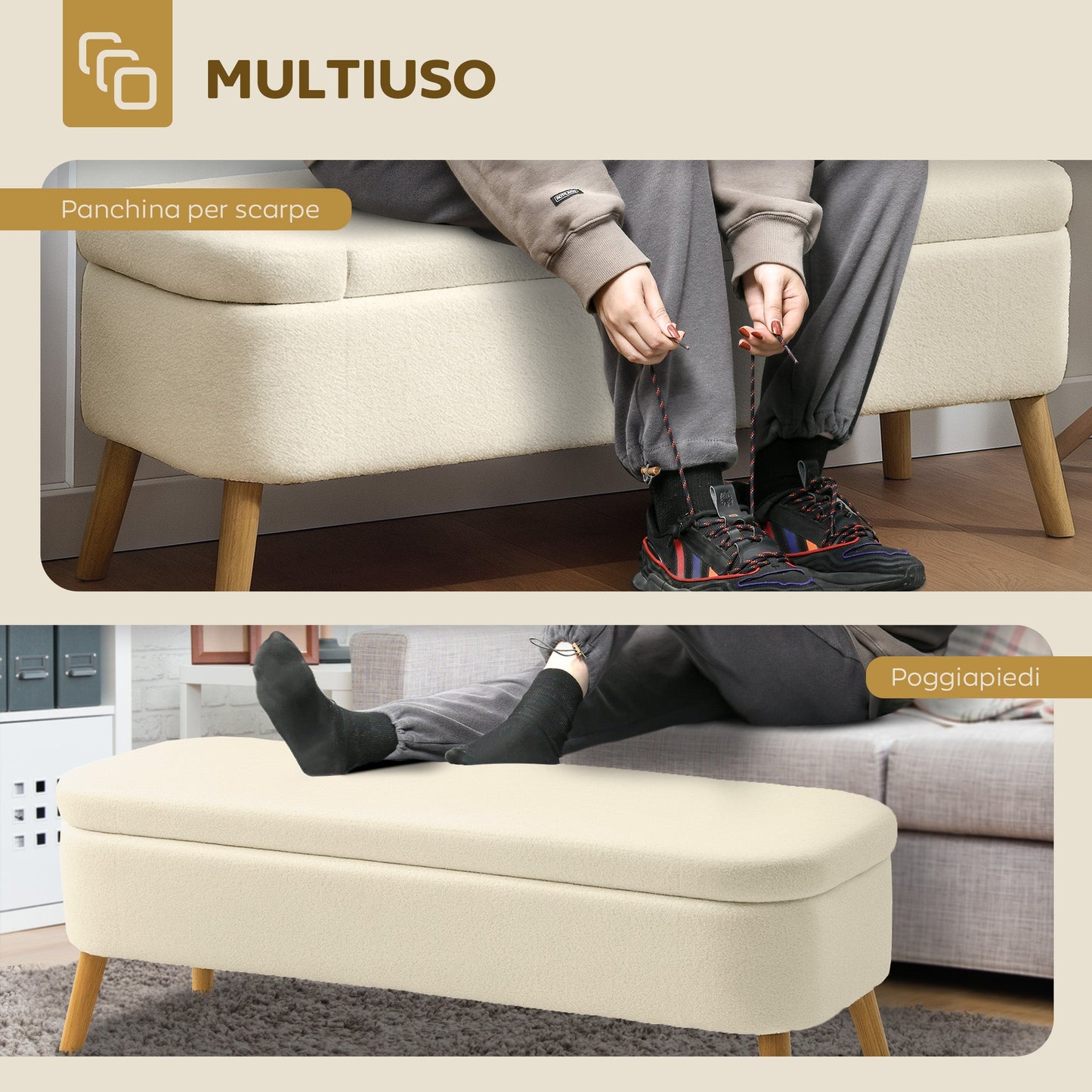 65L Storage Bench in Teddy Fabric and Wooden Legs, 120x42x45 cm, Beige