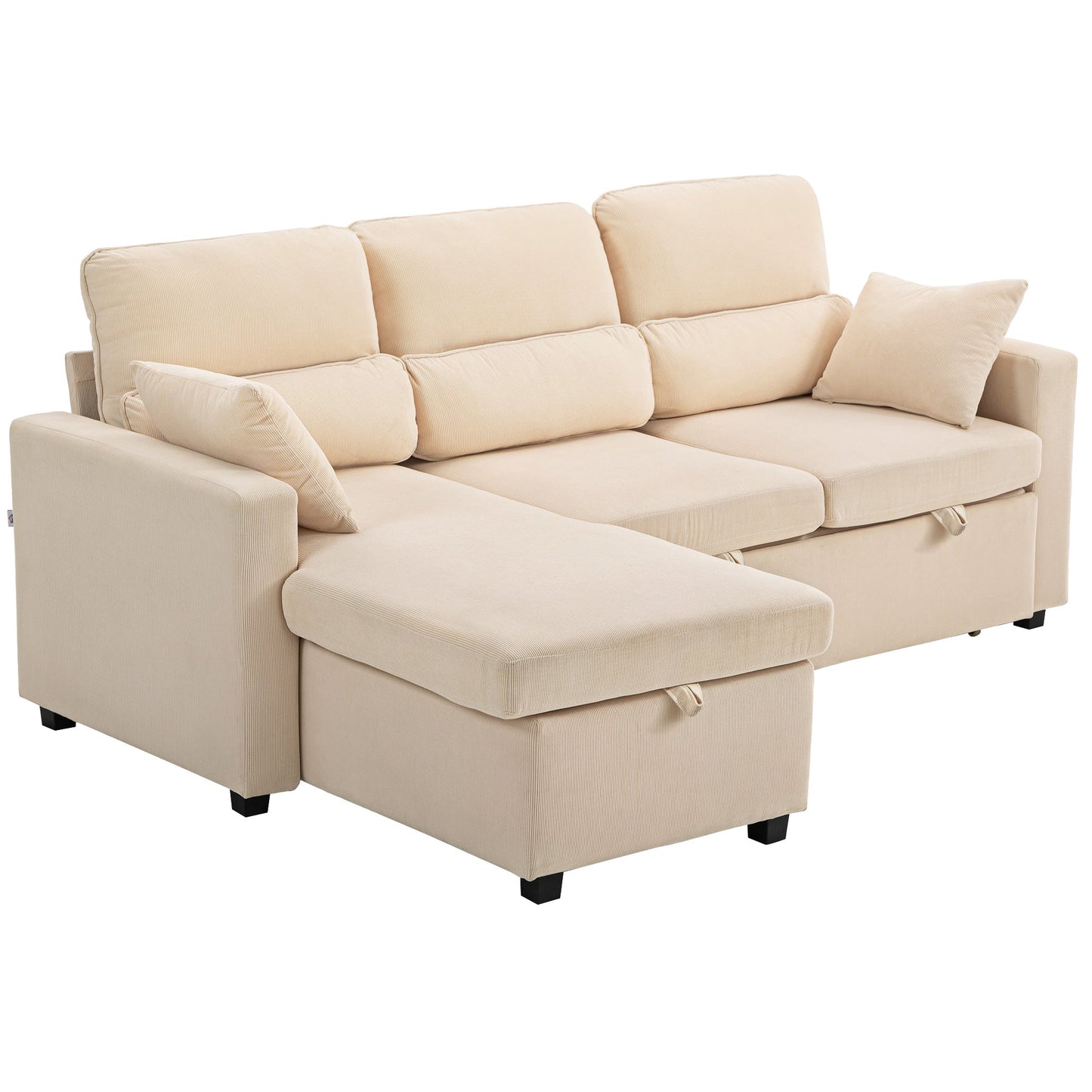 Corner Sofa Bed with Storage, Corduroy Upholstery and 2 Cushions, 205x135x76 cm, Beige