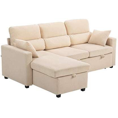 Corner Sofa Bed with Storage, Corduroy Upholstery and 2 Cushions, 205x135x76 cm, Beige