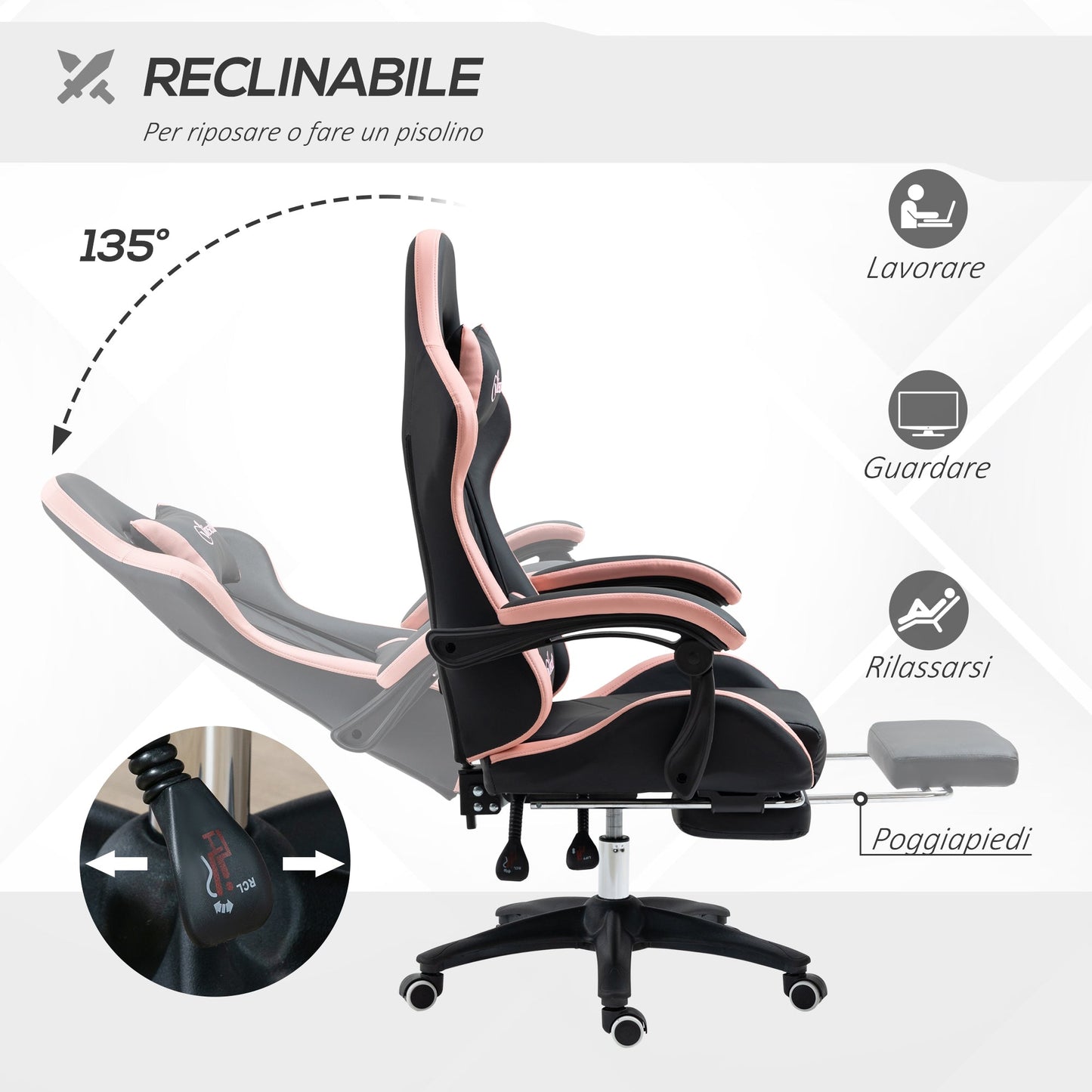 Height Adjustable Gaming Chair with Headrest, 65x65x121-129 cm, Pink and Black