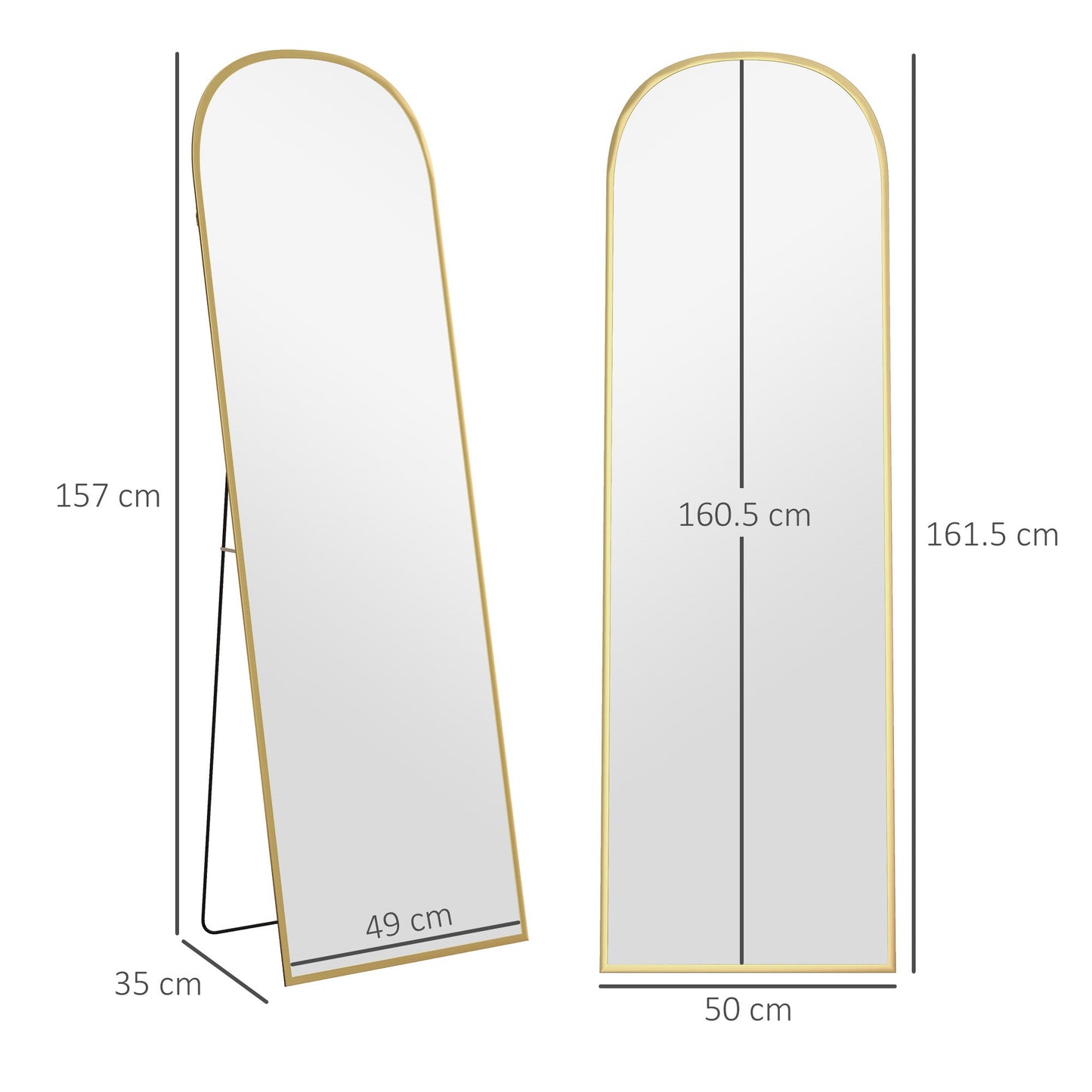 Modern Aluminum Alloy Floor and Wall Mirror with Folding Stand, 50x161.5 cm, Gold