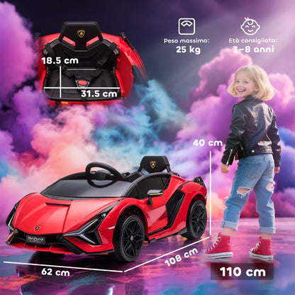 Electric Ride-On Toy Car for Kids 3-5 Years Old 12V Lamborghini SIAN, 3-5km/h Electric Car for Kids with 2 Motors, Headlights and Music, Remote Control, Seat Belt and Horn, Red