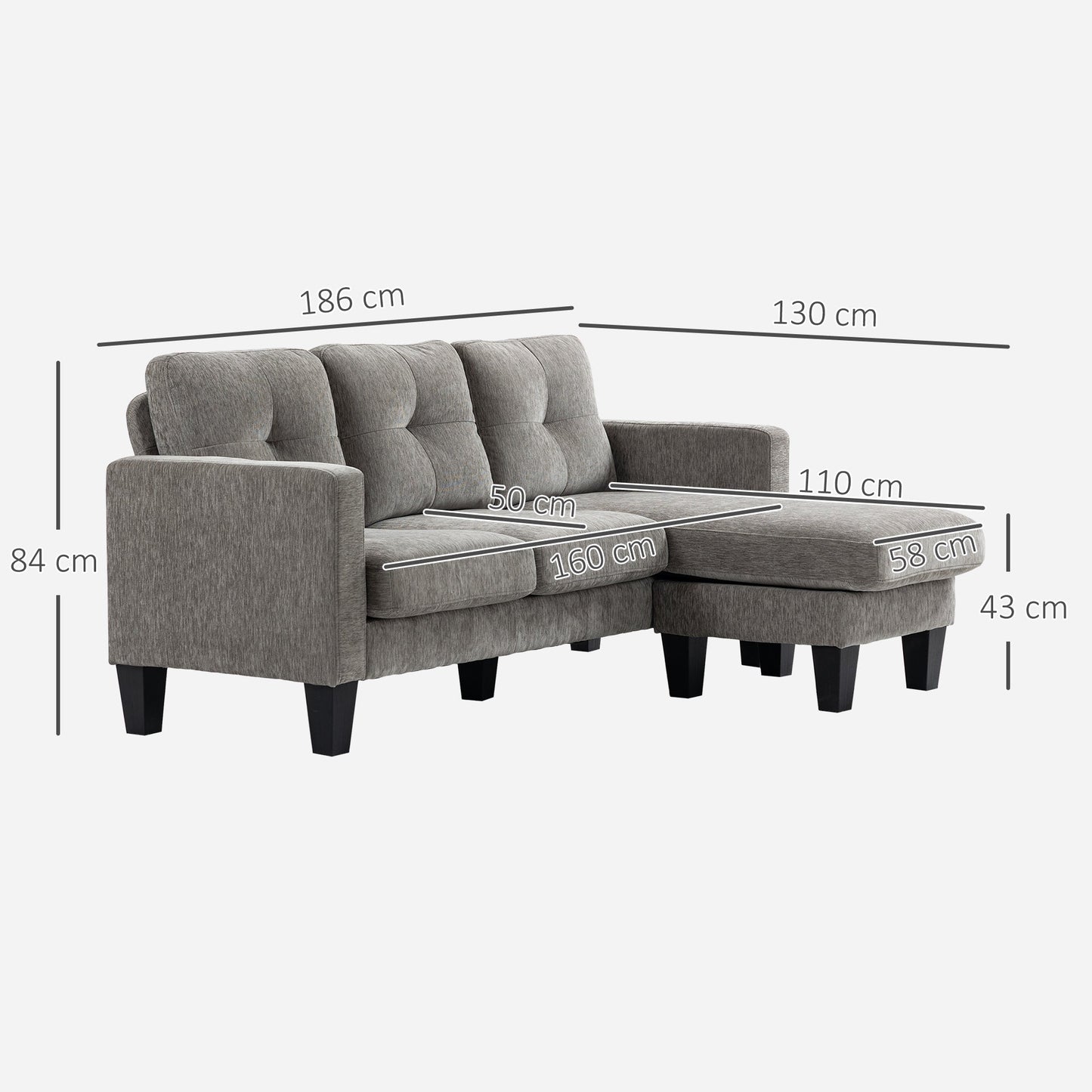 3-Seater Corner Sofa with Seat and Back Cushion, in Chenille Effect Fabric, 186x130x84 cm, Taupe