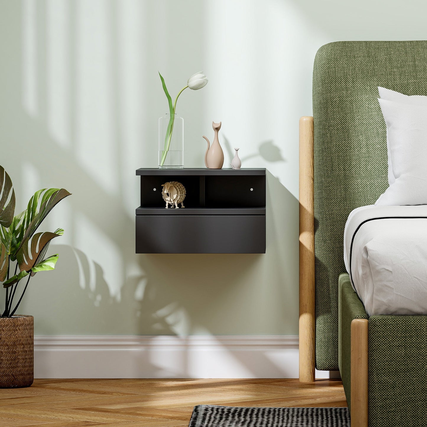 Floating Nightstand for Bedroom with Drawer and Wooden Shelf, 35x32x22.5cm, Black