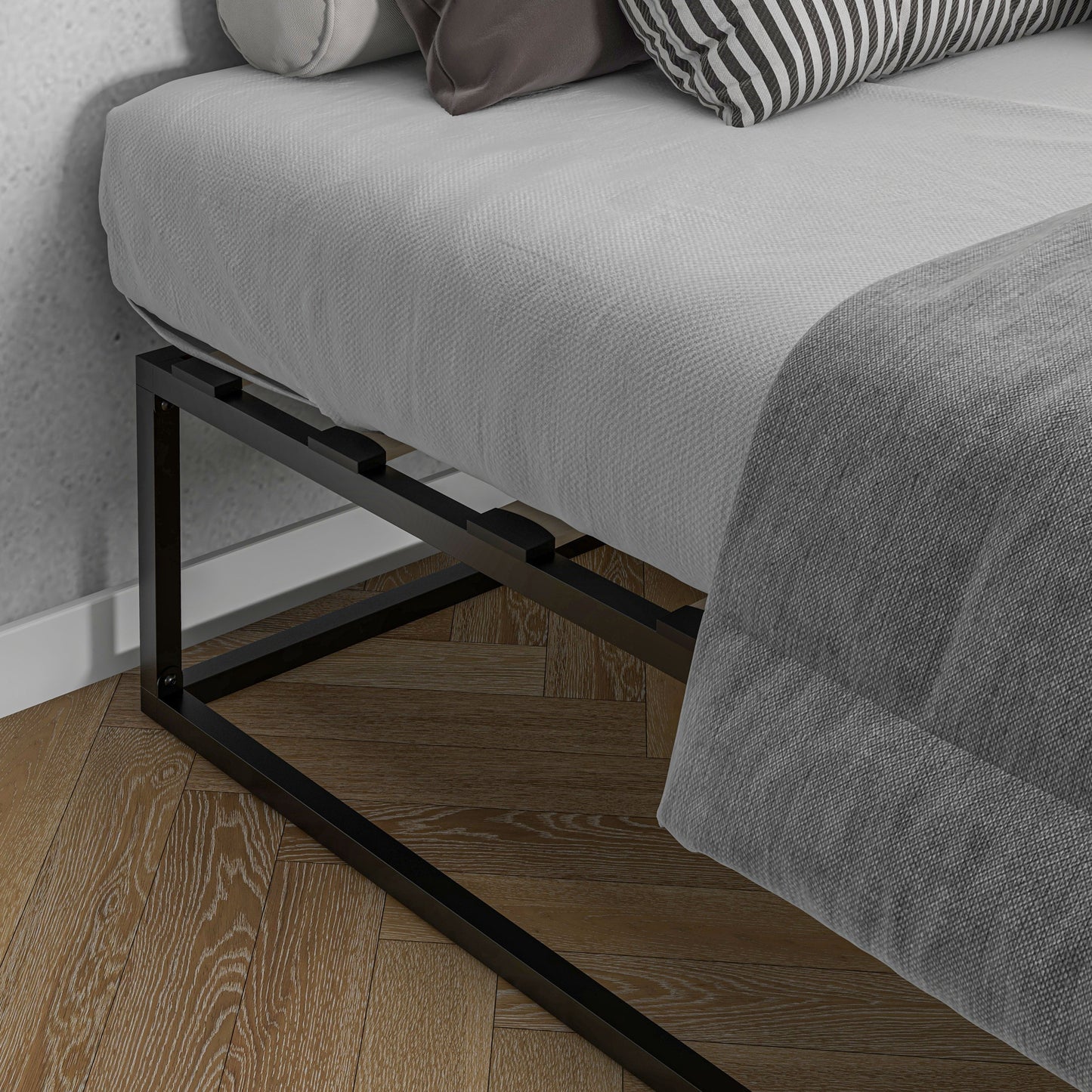 Bed Frame with Plywood Slats and Lower Container, 190x160x35cm, Black and Wood Color