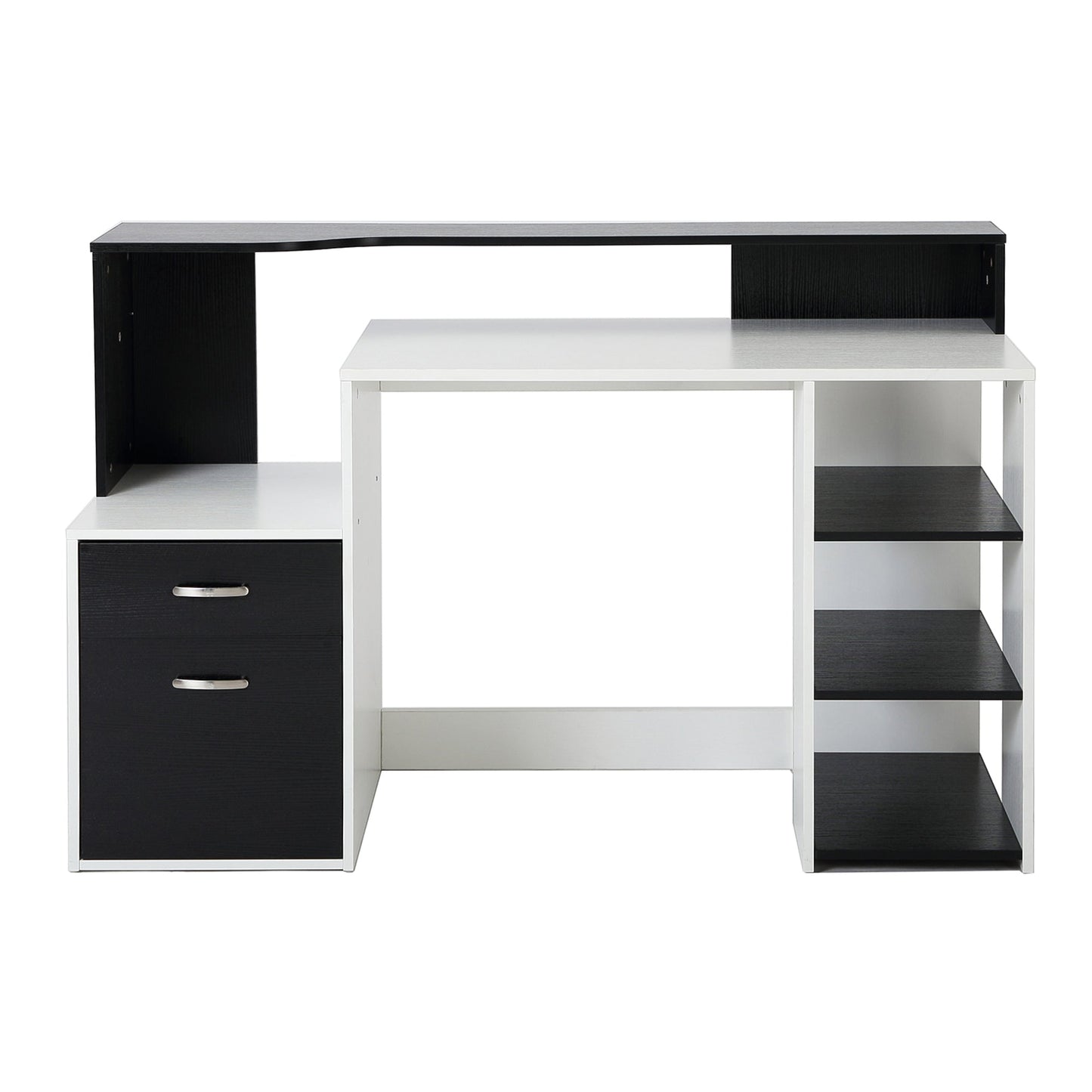 Office Desk with Printer Shelf, 2 Drawers and 3 Shelves, in Black and White MDF, 137 x 55 x 92cm
