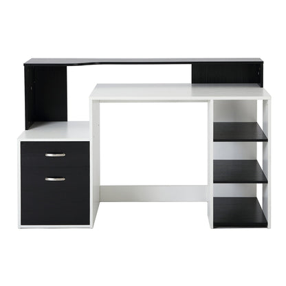 Office Desk with Printer Shelf, 2 Drawers and 3 Shelves, in Black and White MDF, 137 x 55 x 92cm