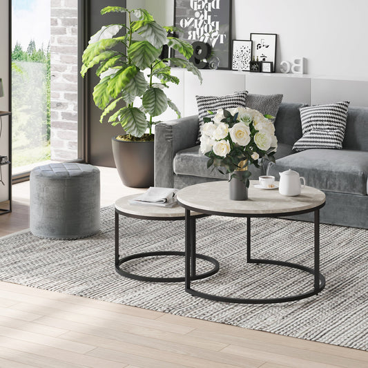 Set of 2 Round Nesting Coffee Tables in Metal and MDF with Marble Effect, Grey and Black