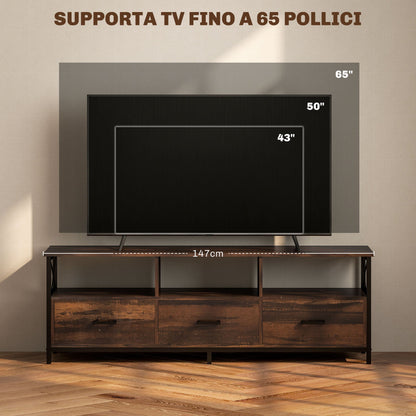 Industrial TV Cabinet with 3 Drawers and 3 Open Shelves, in Wood and Steel, 147x40x50 cm, Black and Brown