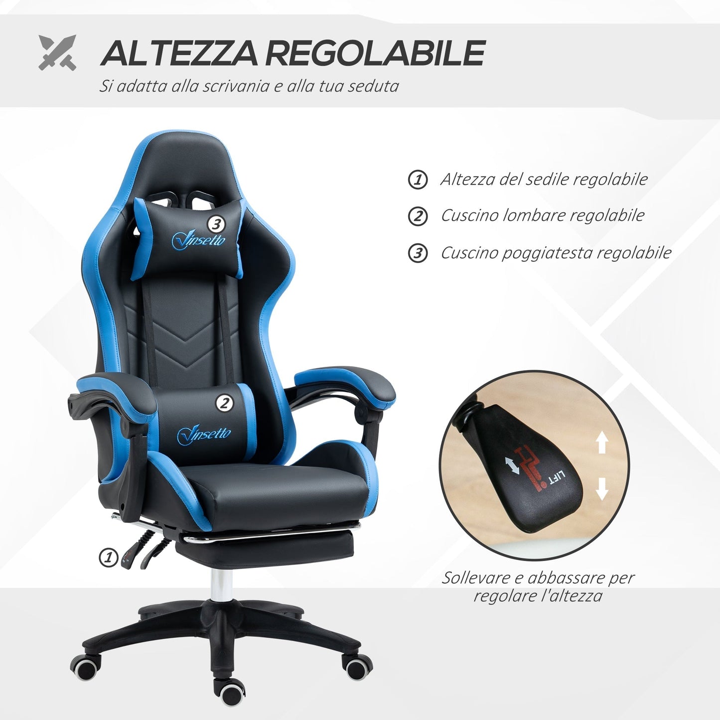Gaming Chair with Adjustable Height and Reclining Backrest, 65x65x121-129 cm, Blue and Black