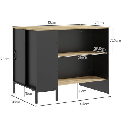 Kitchen Island with Shelves, Knife Holder and Sliding Door Cabinet, 14.5x70x90cm, Black