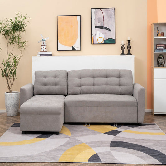 Grey Corner Sofa | 3 Seater Corner Sofa Bed with Chaise Longue Storage in Fabric, 217x134x85cm, Grey