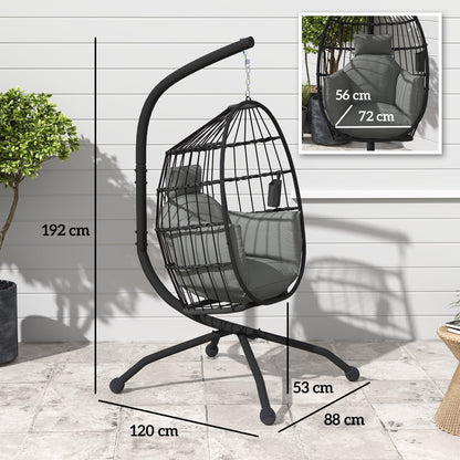 Hanging Egg Chair with Adjustable Hook, 2 Cushions and Basket, Steel, 120x88x192 cm, Black and Grey