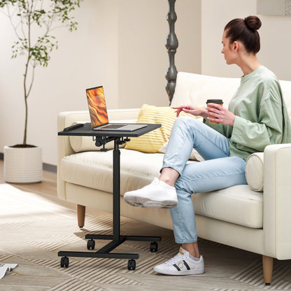 C-Shaped Sofa Table with Lockable Wheels and Tiltable Top, Black