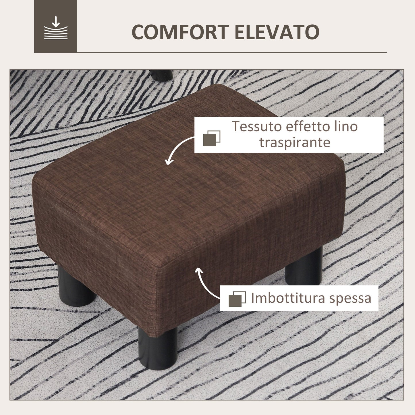 Pouf Footstool in Linen Effect Fabric Padded, 40x30x24cm, Dark Brown
