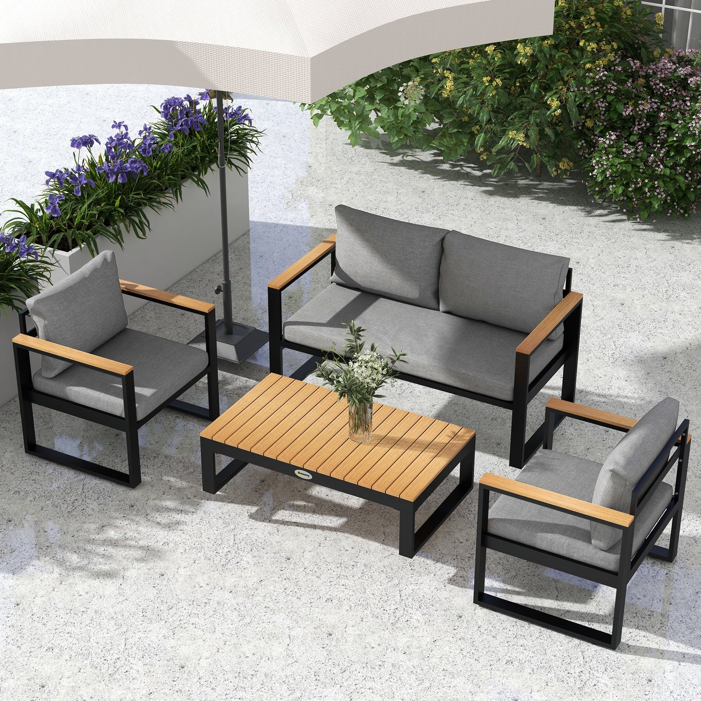 Garden Lounge Set with Outdoor Sofa, 2 Armchairs and Aluminium Coffee Table, Grey