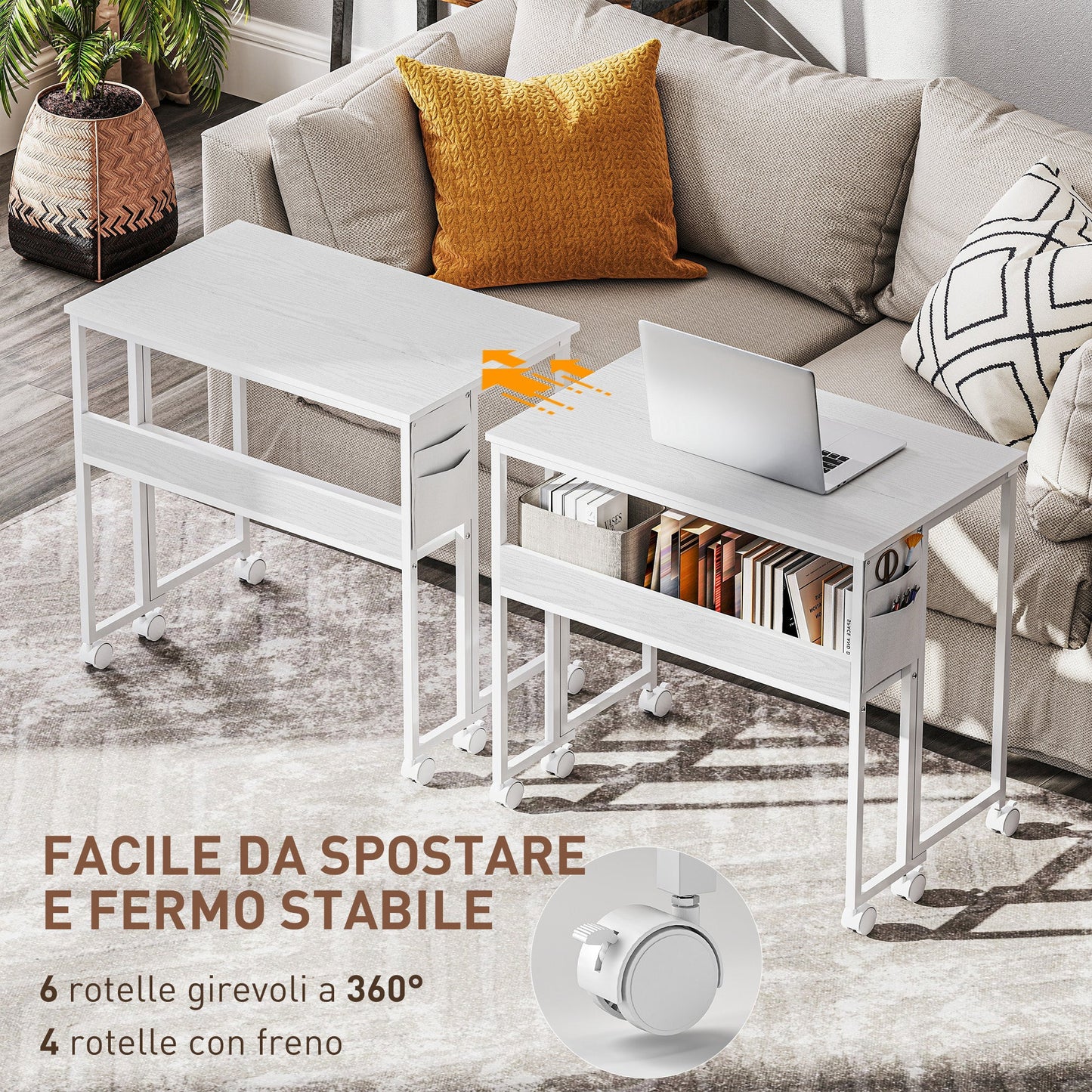 Space-Saving Folding Drop-Leaf Desk with Shelf, Storage Pocket and Wheels, White