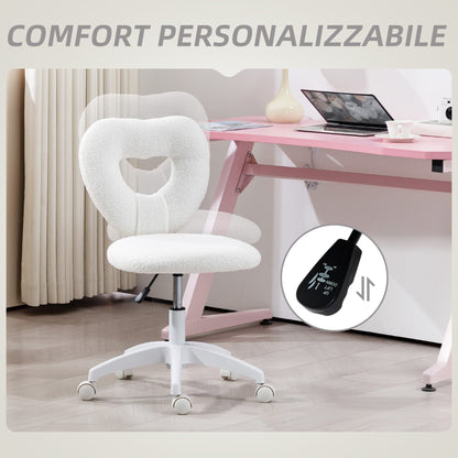 Padded Office Chair with Heart-Shaped Backrest and Wheels, in Teddy Velvet and Plastic, 45x56x78-88 cm, White
