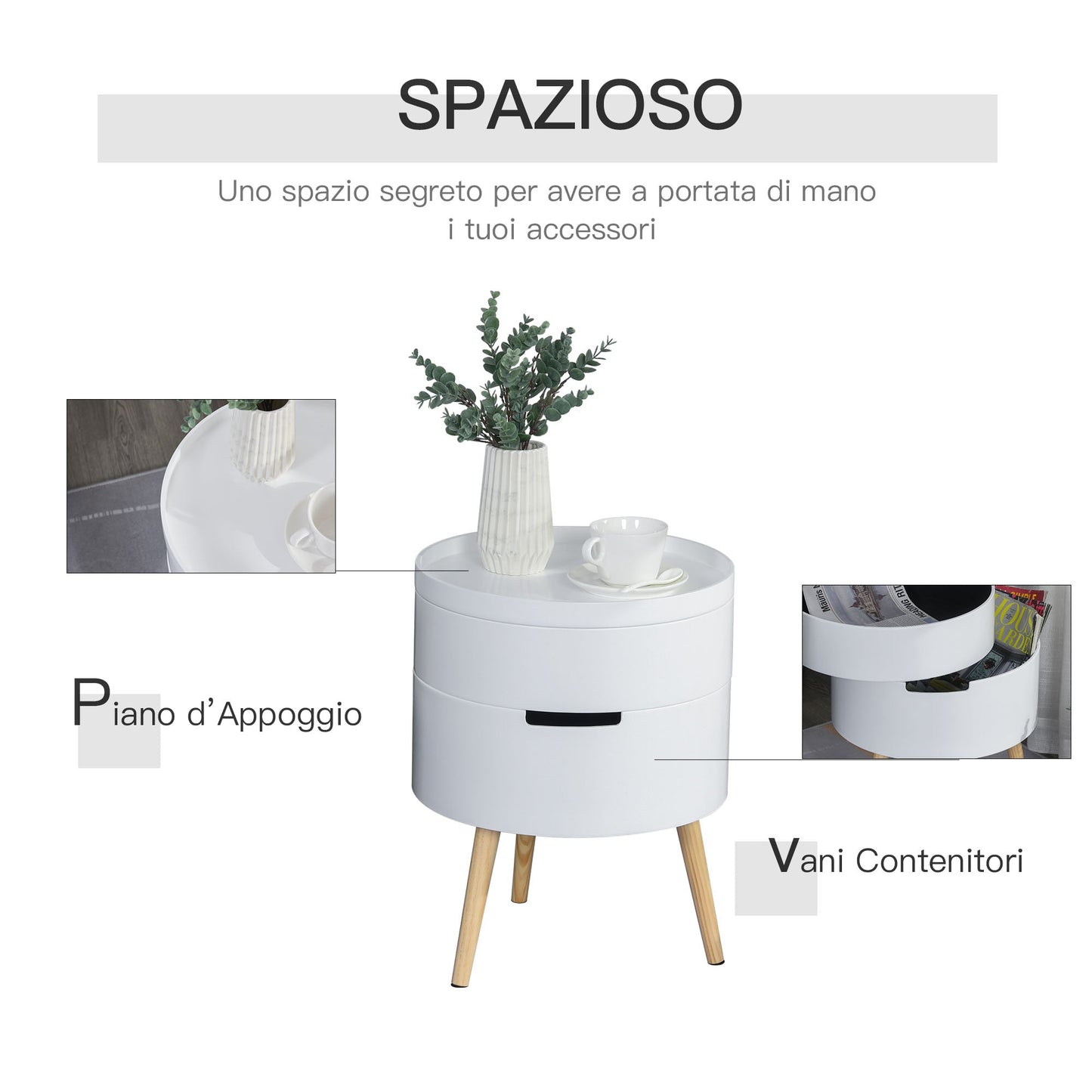 Round coffee table with rotation opening and removable white wood tray