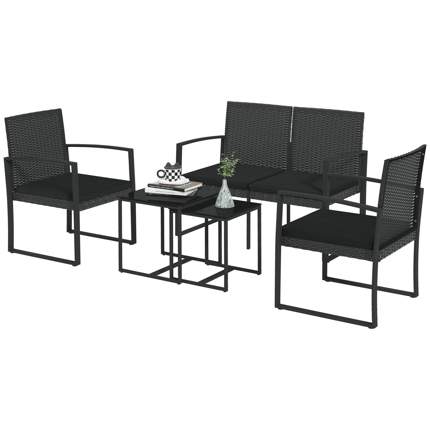 Garden Set with 2 Chairs, Sofa and 2 Coffee Tables with Cushions and Glass Top, Black