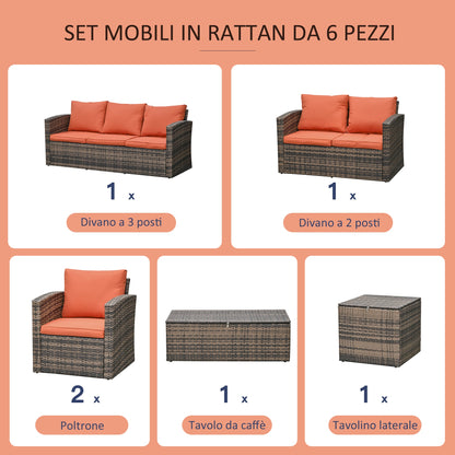 MANDOLINA | Brown 6 pcs Outdoor Rattan Furniture Set with orange cushions