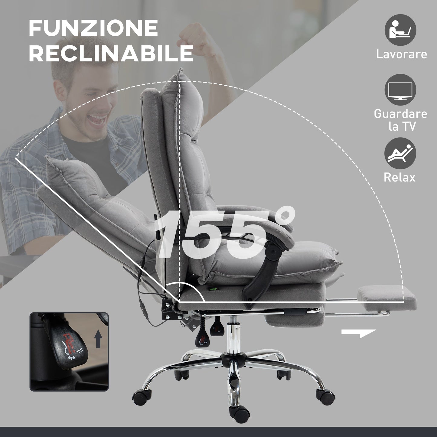 Heated Massage Office Chair, 155° Reclining with Extendable Footrest, Grey