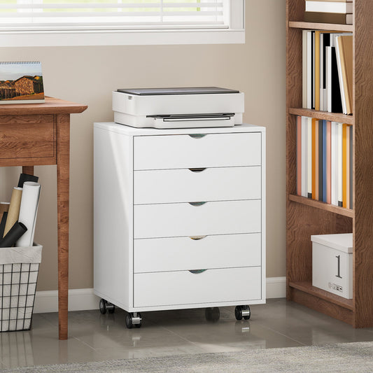 Office Drawer Cabinet with 5 A3 Document Drawers, Wheels and Lock, 50x40x67.5 cm, White