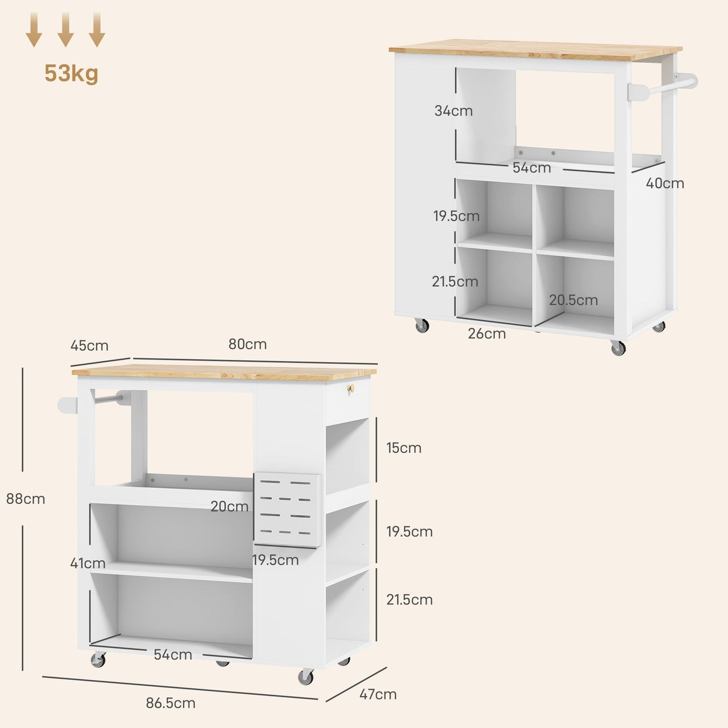 Kitchen Island Cart with Adjustable Shelves, Knife Holder and Wooden Top, 86.5x47x88 cm, White