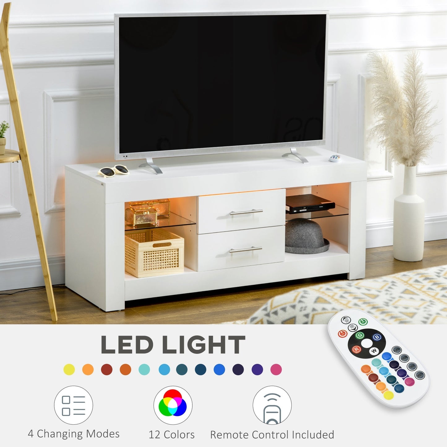55" TV Stand with 12 Color LED Lights and Remote Control, Wood and Glass 120x40x50cm, White
