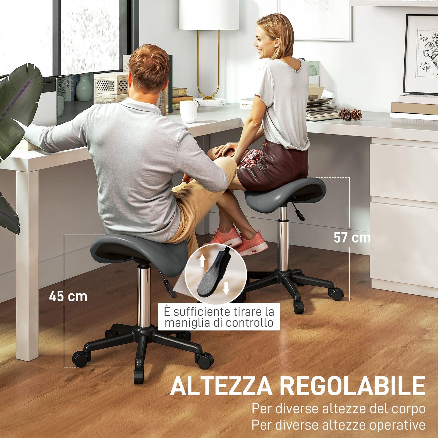 Swivel Saddle Stool with Wheels and Adjustable Height, Padded and Upholstered in Faux Leather, Grey