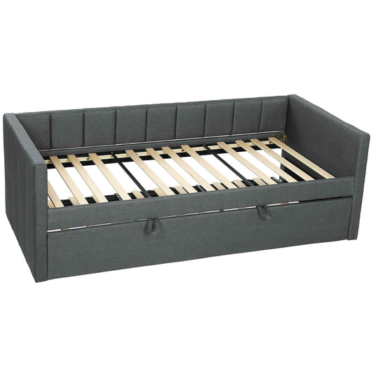 Single Bed with Pull-Out Second Bed, Fabric Upholstery and Armrests, 205x181x70 cm, Dark Grey