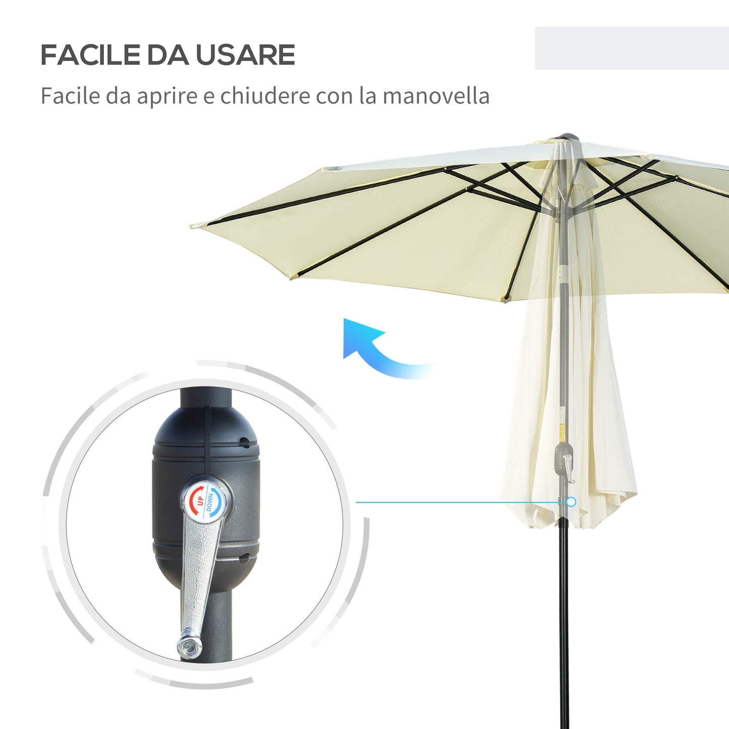8-Ribbed Tilting Garden Umbrella with Crank Handle, Metal and Polyester, Ø295x250 cm, Beige