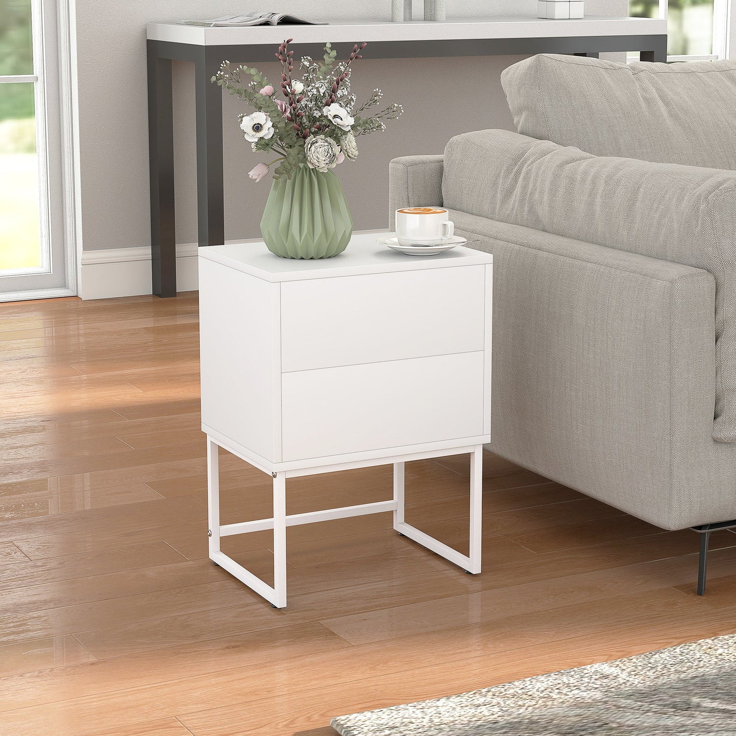 Modern 2-Drawer Bedside Table with Push-Opening, MDF and Steel, 40x30x50 cm, White