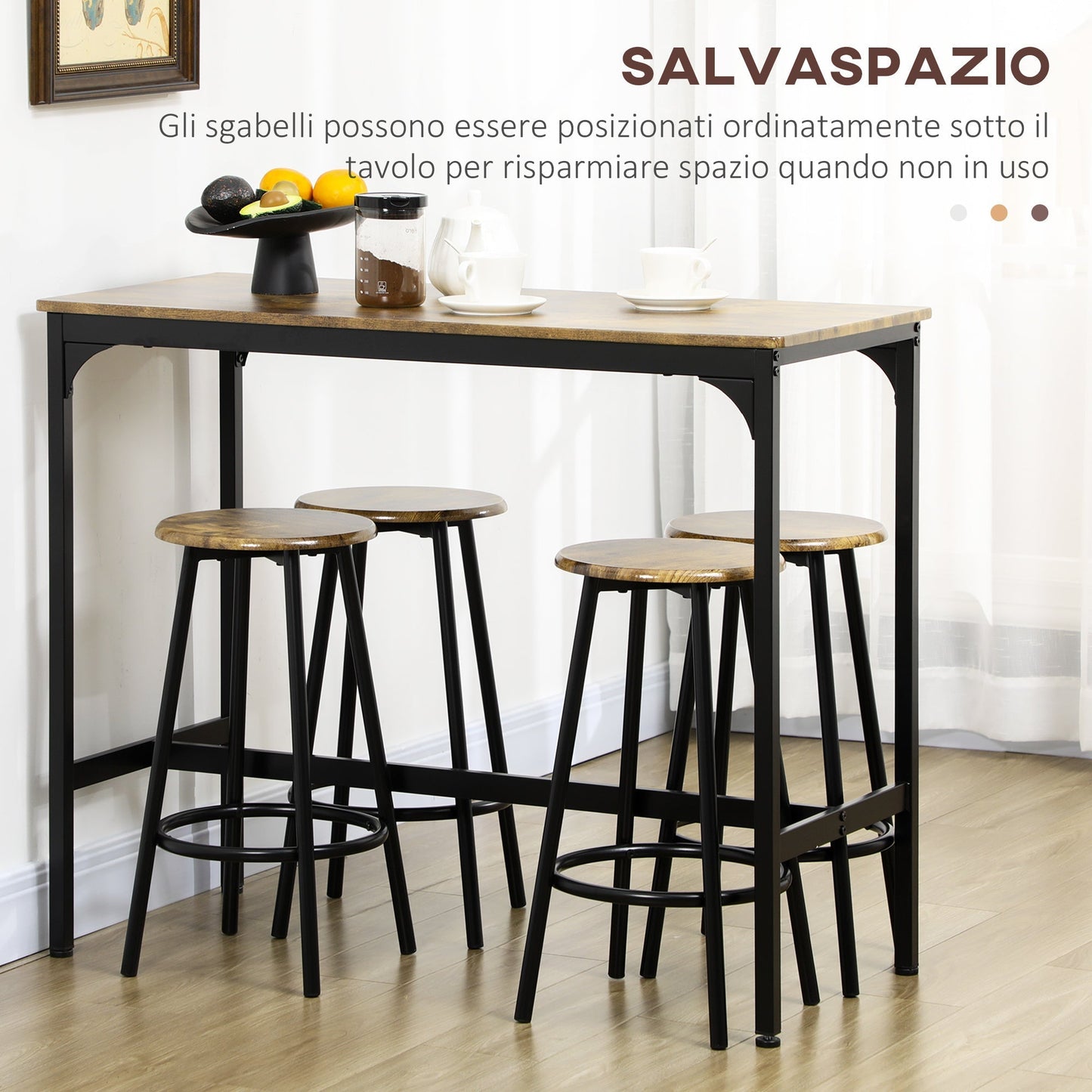 Set of 5 Piece Bar Set with High Table and 4 Industrial Style Stools, Brown and Black