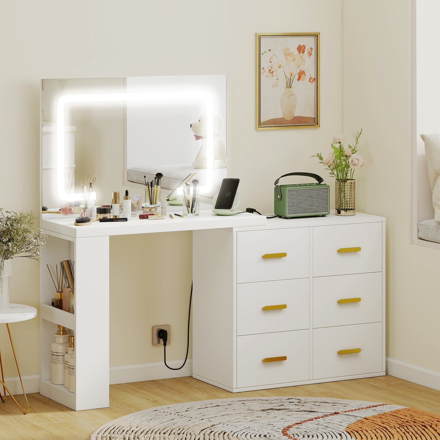 Dressing Table with Mirror and Adjustable LED Lights, 6 Drawers, 2 Shelves and Electrical Sockets, White