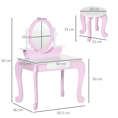 Kids Pink Vanity Table Set with Mirror & Stool