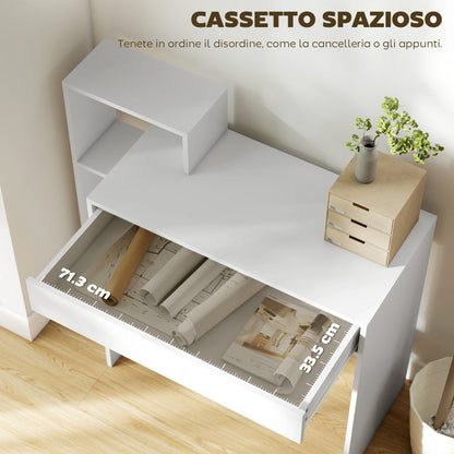 Modern PC Desk with 3 Open Shelves and Drawer, White Wood, 100x40x90 cm