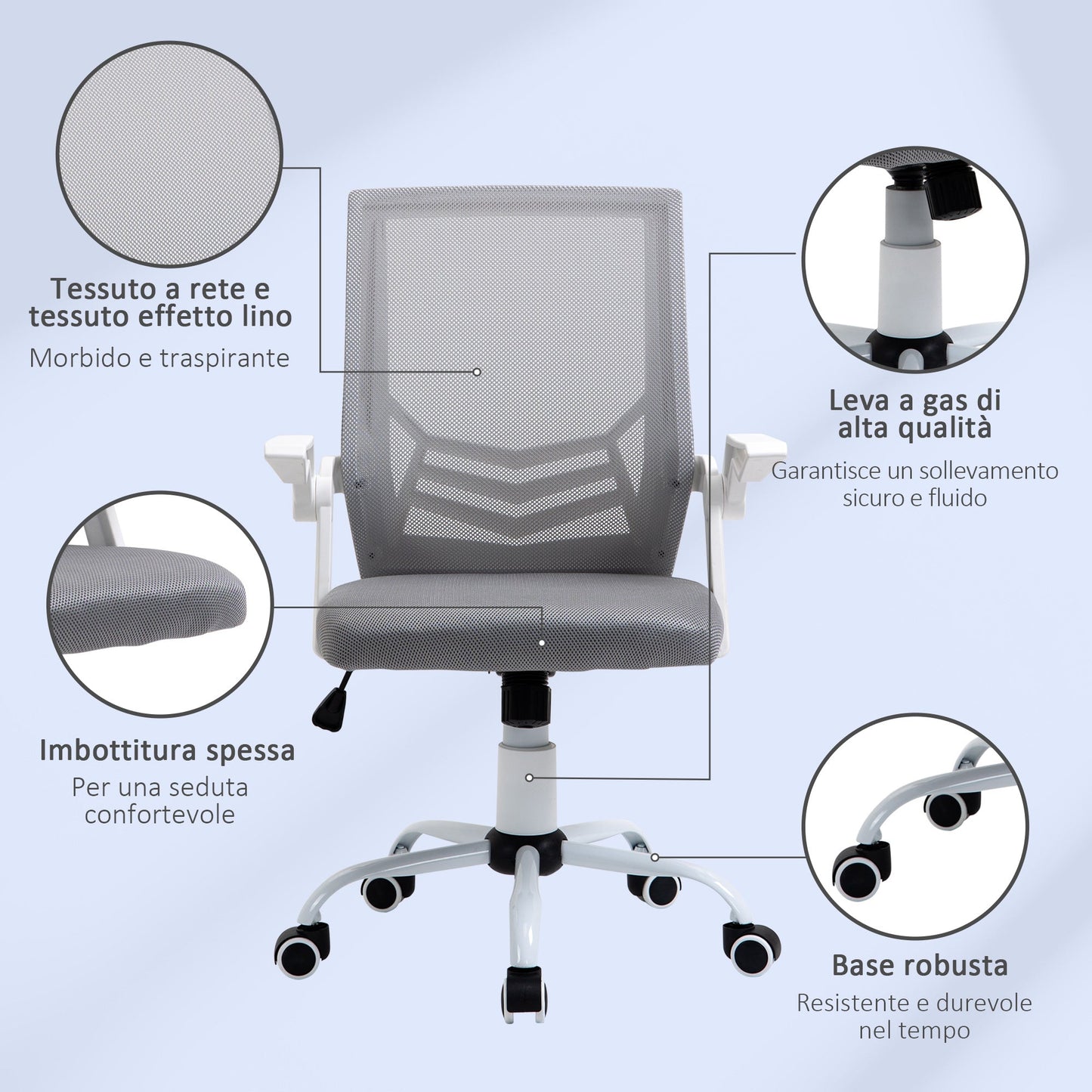 Ergonomic Office Chair with Armrests and Lumbar Support, in Linen Effect Fabric, 62.5x55x94-104 cm, Grey