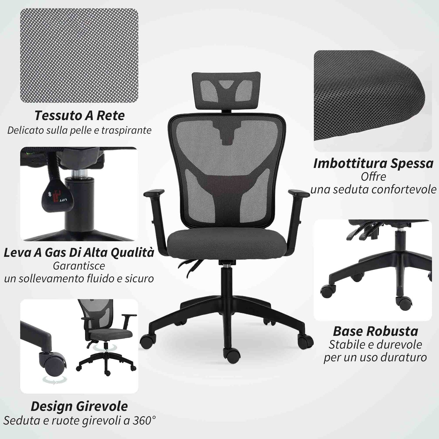 Ergonomic and Adjustable Office Chair with Lumbar Support and Headrest, 66x61x106-116 cm, Grey