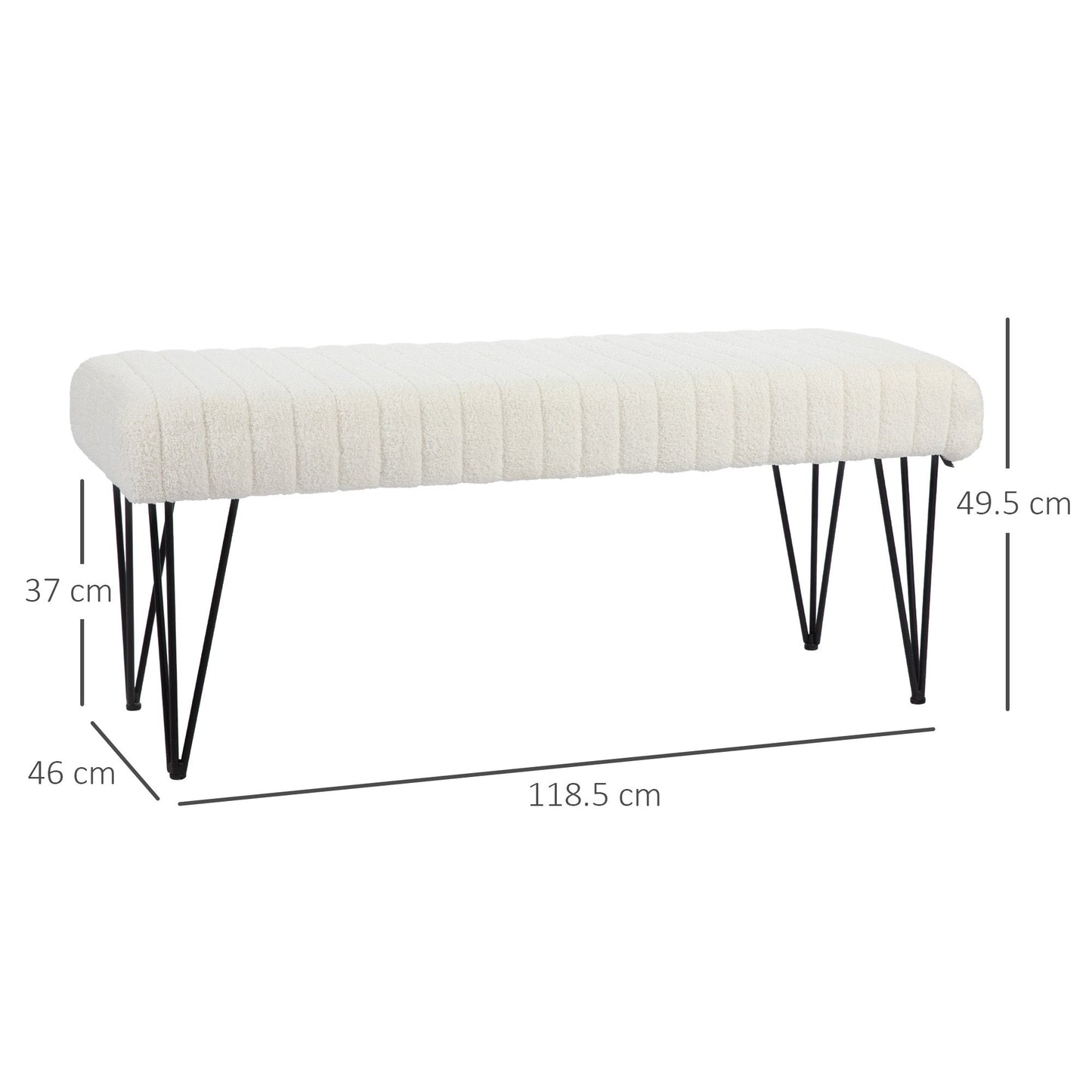 Modern Bedside Bench with Hairpin Legs, in Chenille Effect Fabric, Wood and Metal, 118.5x46x49.5 cm, Cream
