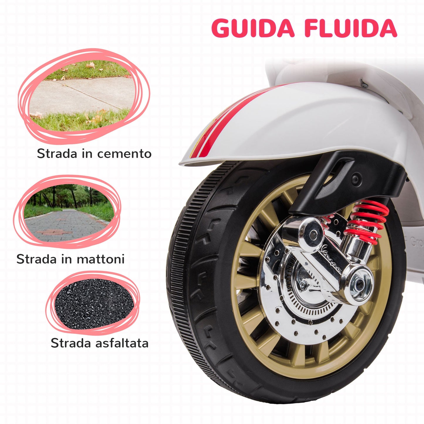 Licensed Children's Electric Motorcycle Vespa with Wheels, Headlight and Music, in PP and Metal, 107x47x73 cm, White