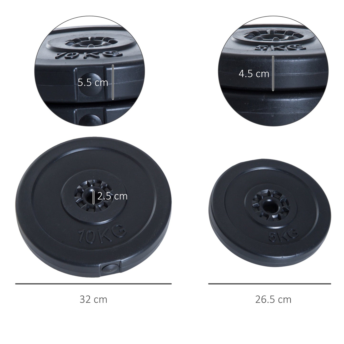 Set of 4 Weight Plates for Barbell and Dumbbells Total Weight 30kg, 2x5kg and 2x10kg, Black