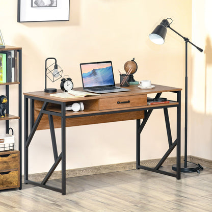 Modern Industrial Style Metal and MDF Desk, Shelves and Drawer for Home and Office, 120x60x76cm Black and Brown