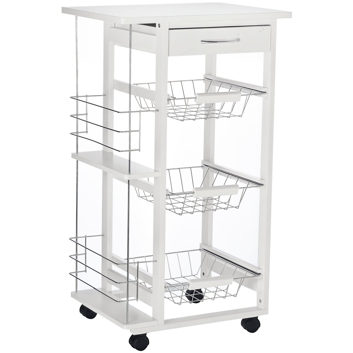 Space-Saving Kitchen Island Cart in Pine Wood, Food Cart with 4 Wheels, Drawer, 3 Pull-Out Baskets, Fruit Bowl, White
