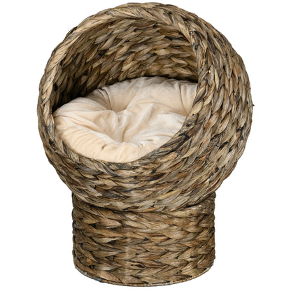 Raised Cat Bed with Cushion, Natural Banana Leaf House, Beige and Brown, 42x33x52cm