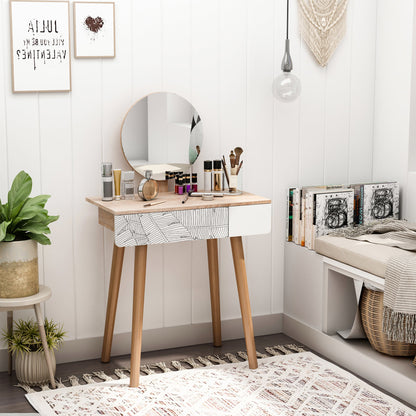 Dressing Table with Circular Mirror Ф39cm, Makeup Console with Drawer in Jungle Decor, White and Oak, 70x39x119-128cm