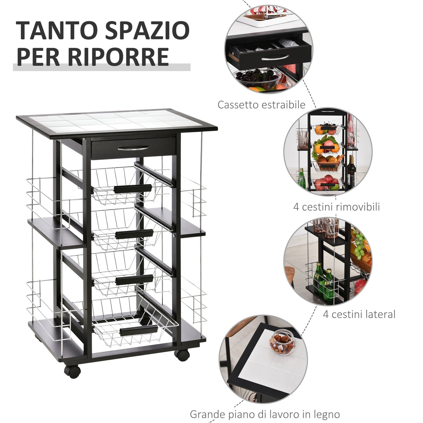 Kitchen Trolley with Drawer, 4 Pull-Out Fruit Baskets and Ceramic Top, Space-Saving Kitchen Cart with 4 Side Shelves in Pine Wood and Metal, 57x37x83 cm, Black