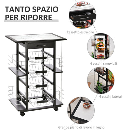 Kitchen Trolley with Drawer, 4 Pull-Out Fruit Baskets and Ceramic Top, Space-Saving Kitchen Cart with 4 Side Shelves in Pine Wood and Metal, 57x37x83 cm, Black