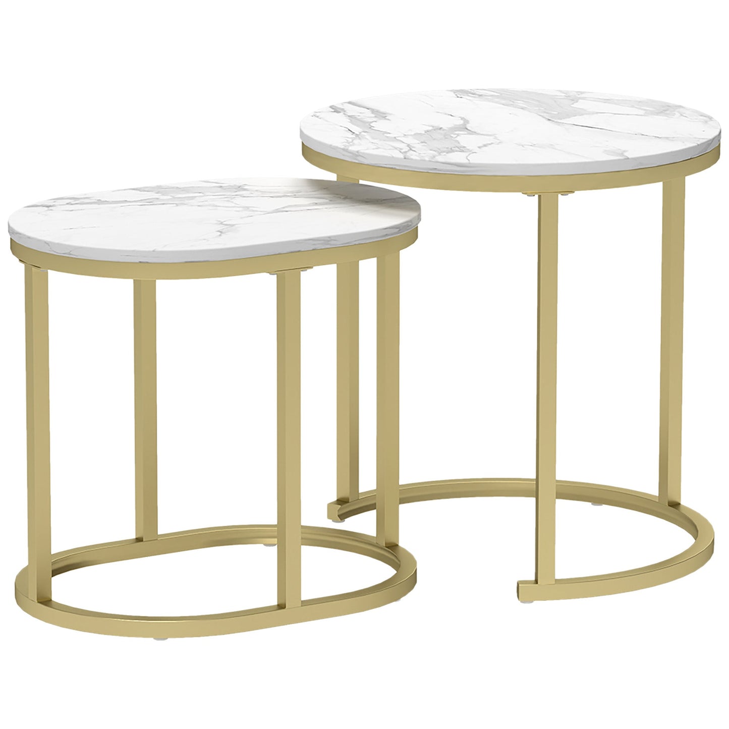 Set of 2 Coffee Tables with Marble Effect Top, in Wood and Steel, Ø50x50.5 cm and 60x36x43.5 cm, White